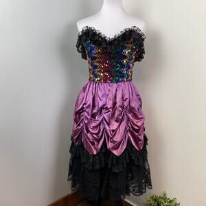 Vintage 80s Loralie Original Rainbow Sequin Lame’ Lace Saloon Girl Dress Gown XS